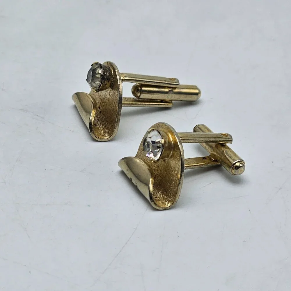 Vintage Gold Textured Clear Rhinestone Cufflinks Mid Century Modern Design